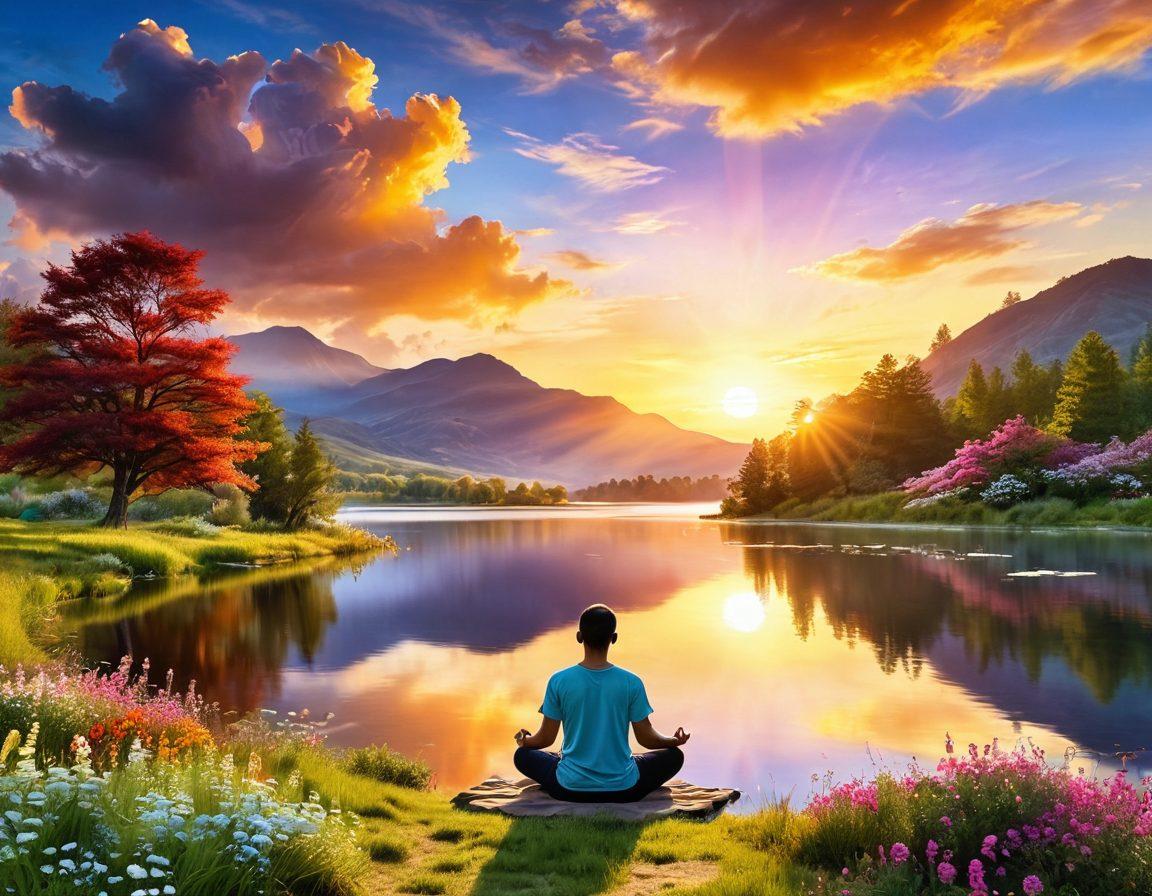 A serene landscape showcasing a peaceful sunrise over a tranquil lake, with a person meditating on the shore, surrounded by blooming flowers and soft rolling hills. The scene embodies harmony and contentment, with light rays bursting through fluffy clouds, symbolizing joy and enlightenment. The colors should be warm and inviting, creating an atmosphere of bliss and happiness. super-realistic. vibrant colors. tranquil ambiance.