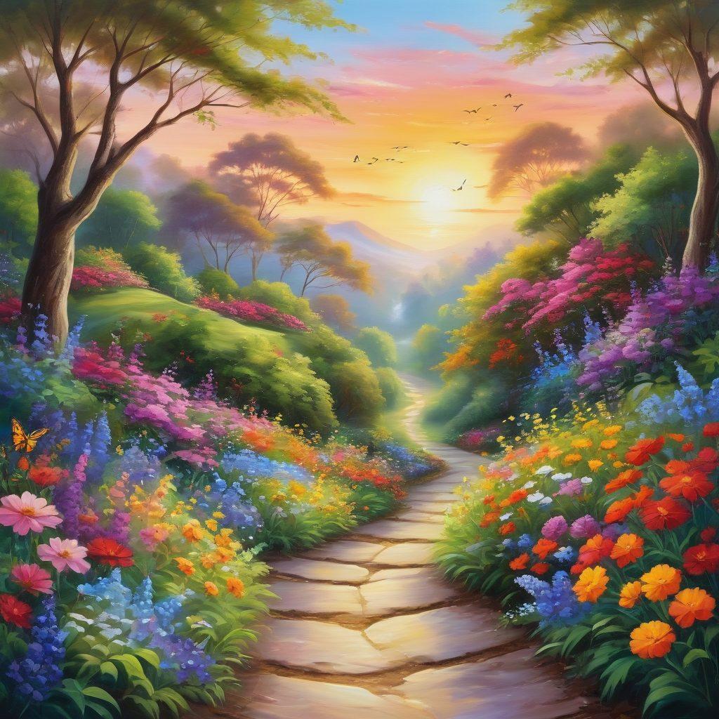 A serene landscape featuring a winding path styled with colorful flowers and lush greenery, leading towards a bright sunrise symbolizing hope and joy. Add a diverse group of people walking along the path, sharing laughter and kindness. Incorporate whimsical elements like butterflies and birds to enhance tranquility. painting. vibrant colors. dreamy atmosphere.