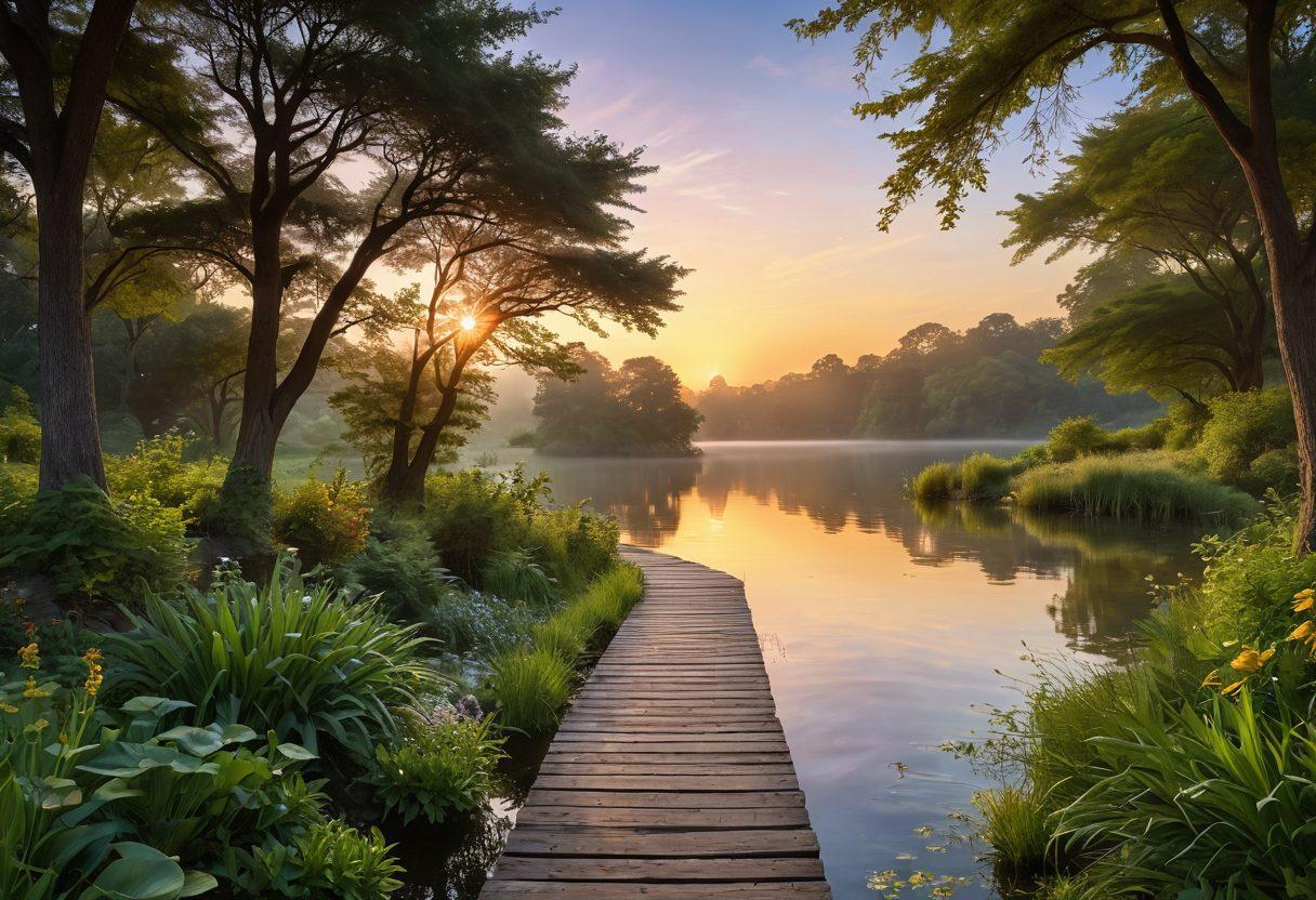 A serene landscape depicting a sunrise over a tranquil lake, with a pathway leading through lush greenery symbolizing growth and empowerment. In the foreground, a diverse group of people sharing ideas and solutions, radiating joy and contentment. Soft, warm colors to evoke a sense of peace and motivation. super-realistic. vibrant colors.